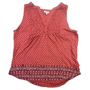 Lucky Brand Women's Smocked Tank‎ Top Diamond Print Red Pink Medium Peasant
